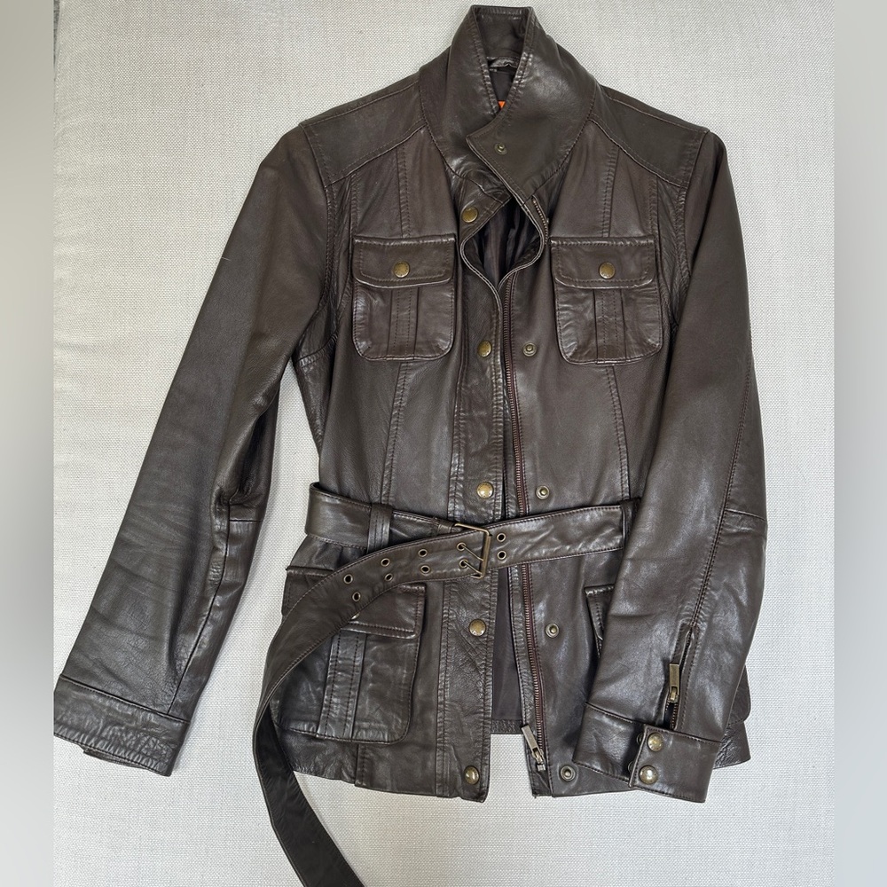 Michael Kors Dark Brown Women’s Leather Jacket Belted